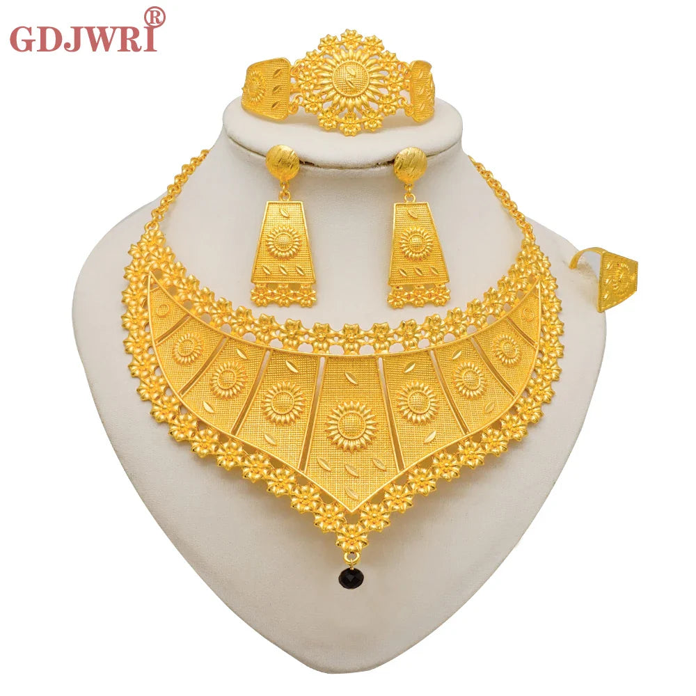 Indian Dubai Gold Color Jewelry Sets For Women Earring & Necklace Nigeria Moroccan Bridal Wedding Party Gifts