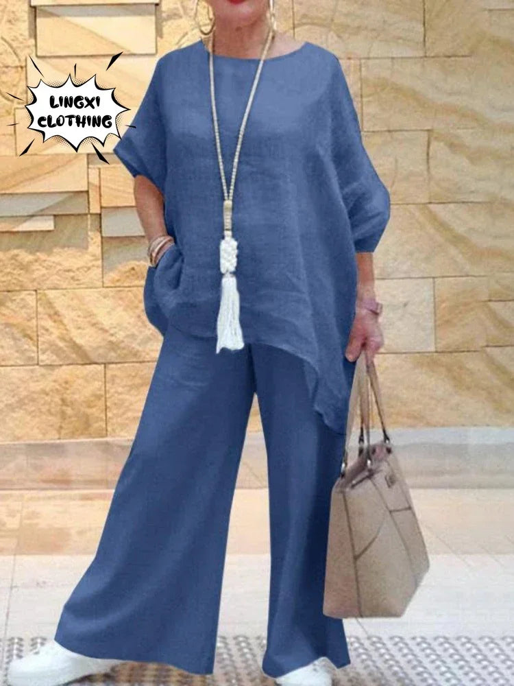 2024 Summer Fashion Cotton Linen Women's Set Large Irregular Linen Shirt High Waist Loose Wide Leg Pants Elegant Two Piece Set