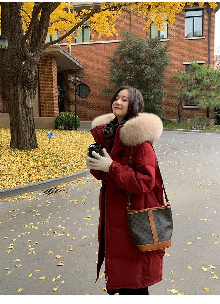 Women's Large Fur Collar Hooded Warm Thick Padded Parka Jacket