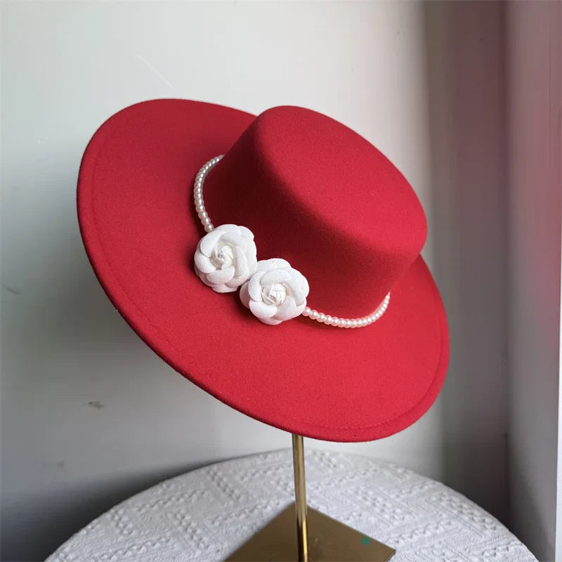 Women's Fashionable Fedora Hat 10CM Wide Brim Flat Top Felt Hats For Wedding And Jazz
