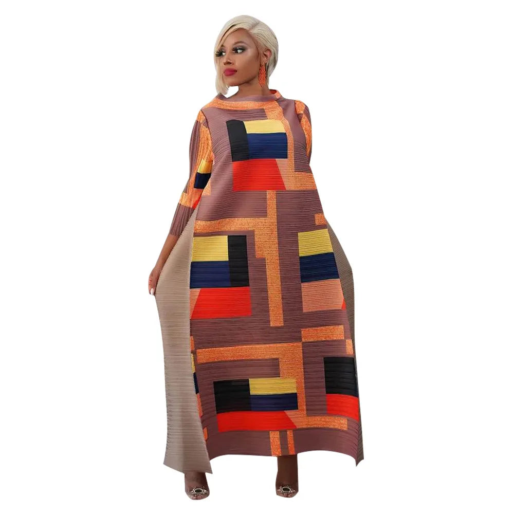 2023 Fashion African 3/4 Sleeve Polyester Plus Size O-Neck Pleated Long Dress Dashiki African Clothes African Dresses for Women