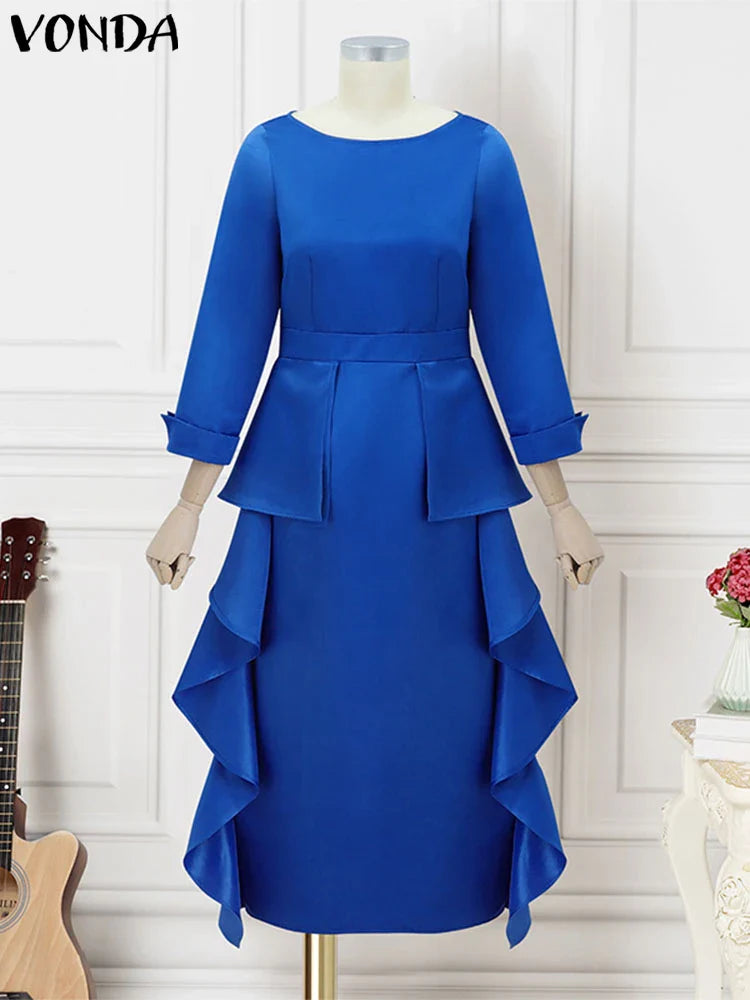Plus Size 5XL Bohemian Maxi Long Dress 2025 VONDA Women Elegant Satin Dress Ruffle Sundress Casual Vestidos Solid Color Robe