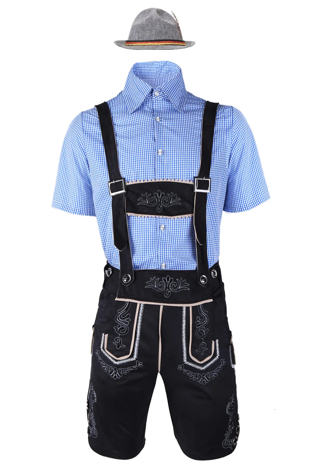 German Oktoberfest Lederhosen Short Sleeve Plaid Shirt Suspenders With Shirt Set & Hat