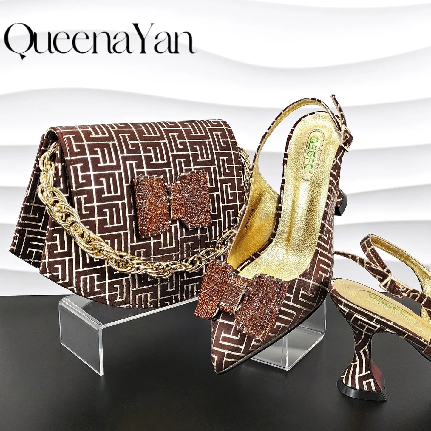 New Design Texture Nigeria Elegant Fashion Women's Banquet Pointed Toe High Heels And Bag Set For Wedding Party