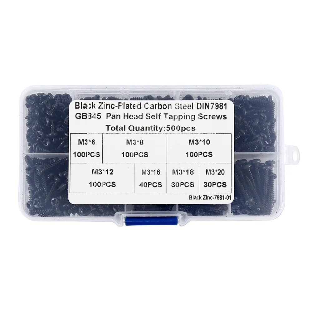 500/1000Pcs M3 Screws Sets Self Tapping Screws Pan Head Cross Drilling Wood Screw Assortment Kit M3/M4/M3.5/M4.8 Carbon Steel