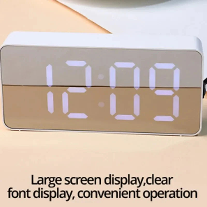 White LED Mirror Table Clock Snooze Display
