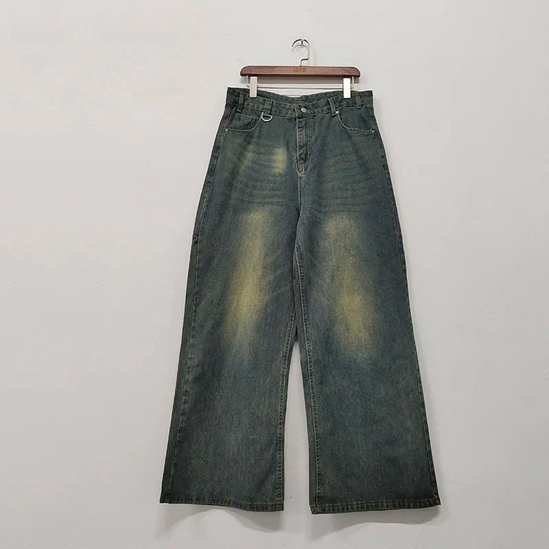 Men's Denim Pants Old Blue Washed Male Jeans Straight  Loose Wide Leg