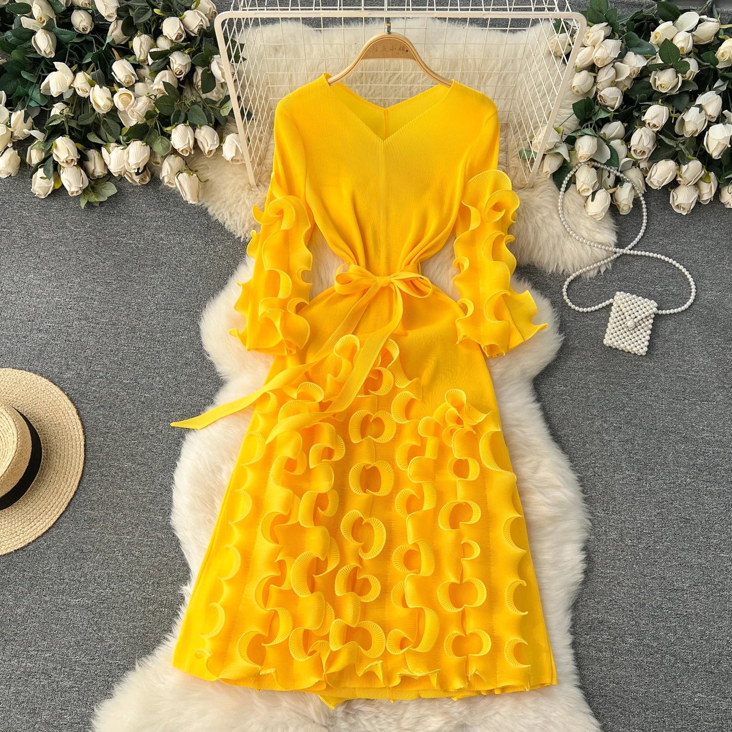 European Court Style Dress Miyake for Women A Design Sense Tassel V-neck Slim Fit Long High-temperature Pleated Flared Sleeve
