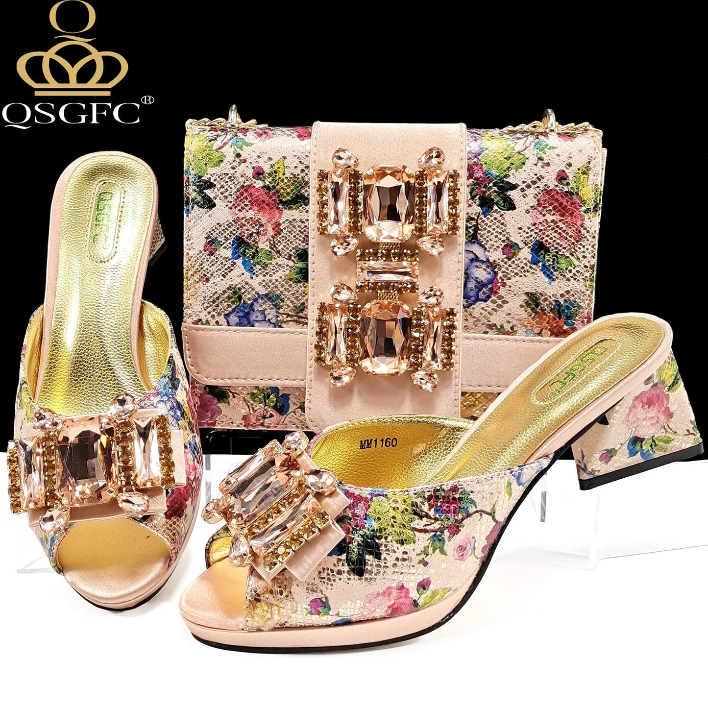 QSGFC Elegant Women Heels for Peep Toe Good Material Design Rhinestone Purple Sandals Italian Shoes and Bags Matching Set 2024