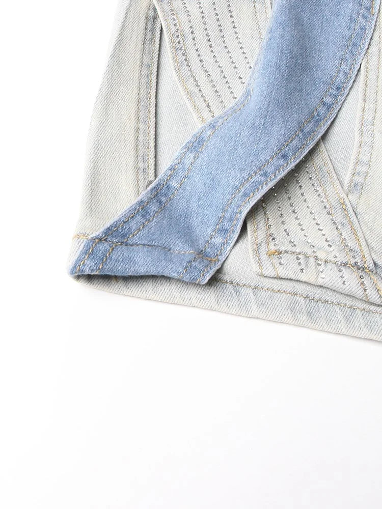 Women's Crisscross Streetwear Denim Trousers With High Waist Patchwork