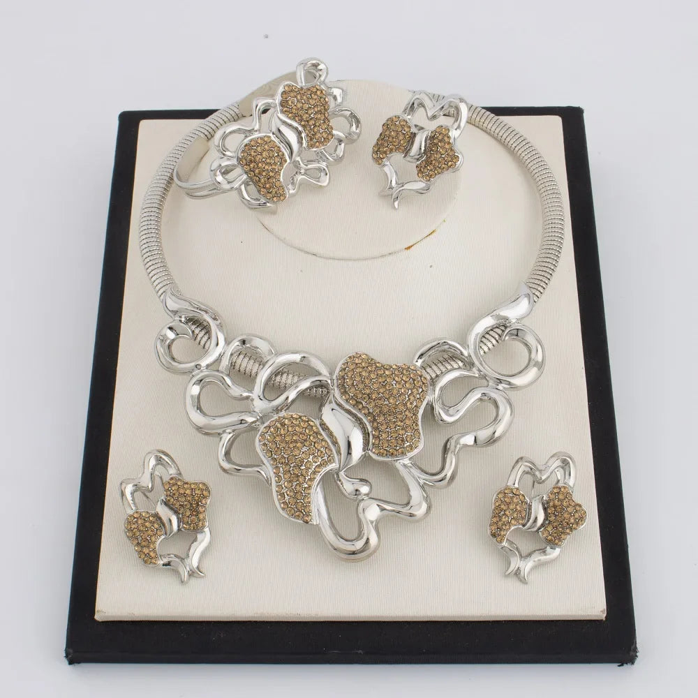 Dubai Gold Plated Jewelry Set Women Luxurious Necklace Earrings Bracelet Ring 4pcs Bride Wedding Party Jewelry Set Gift