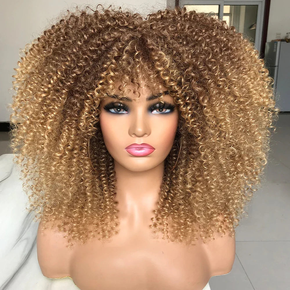 Curly Afro Wigs for Black Women Short Curly Wig with Bangs Kinky Curls Curly Hair Synthetic Wigs for African American Women