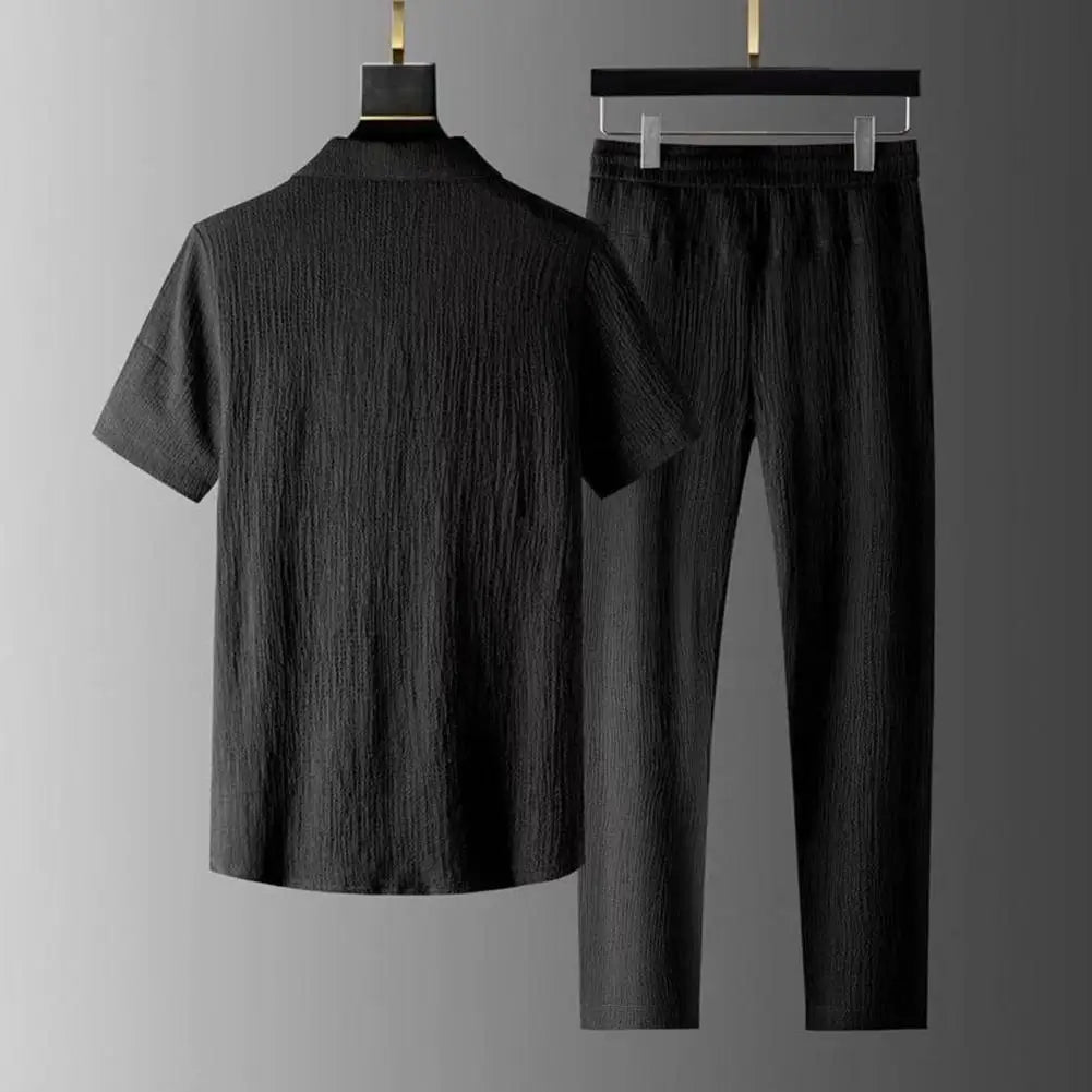 2Pcs/Set Summer Men's Suit Elastic Waistband Pleated Casual Outfit Men Business Short Sleeve Shirts Long Pants Set Male Clothing