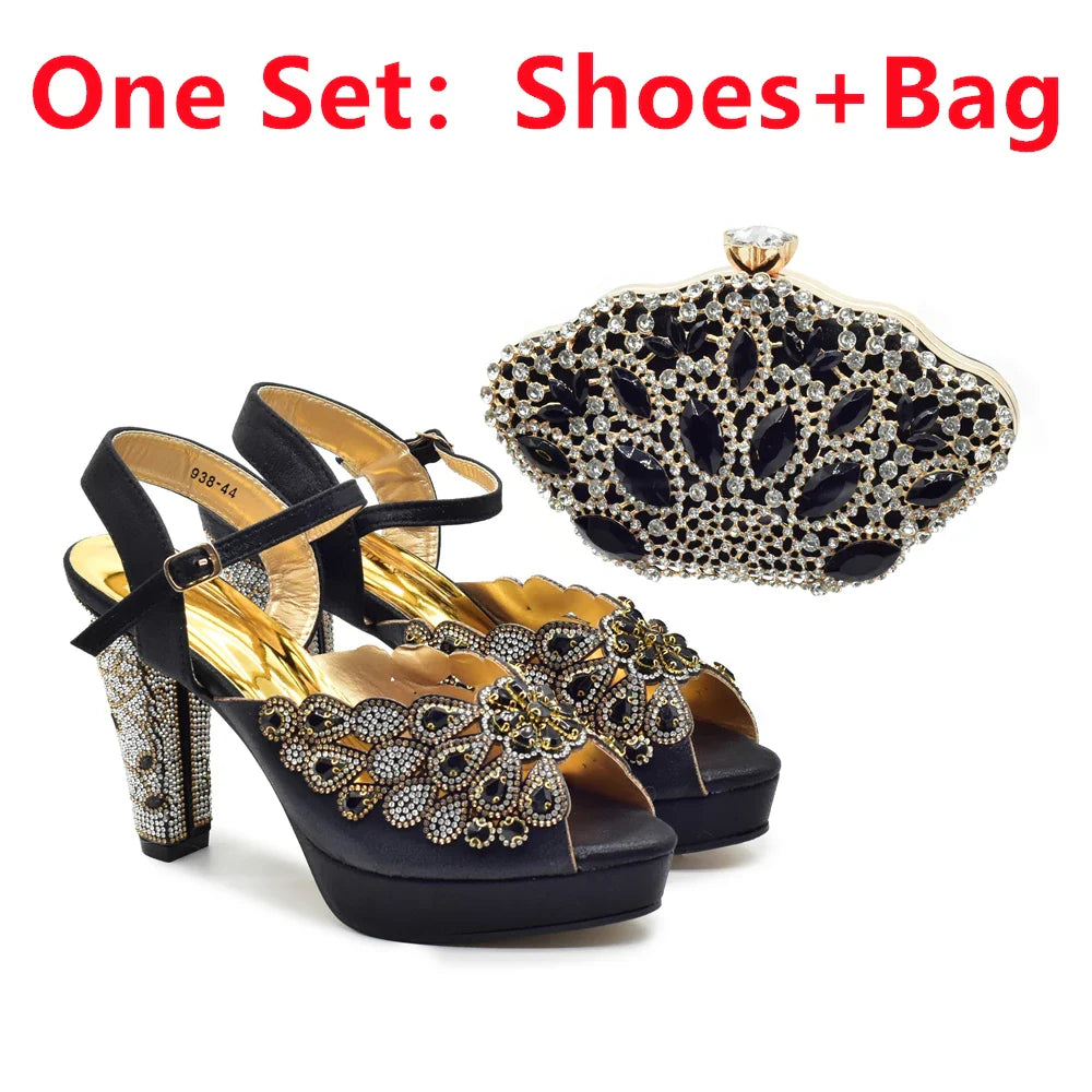 2024 Fashion Black Color High Quality Peep Toe Thin Heels Shoes Matching Bag Set for Nigerian Party Women Women Shoe Size 43