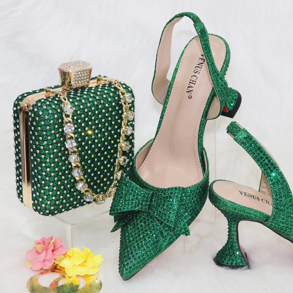Women's Elegant Embellished Shoes and Bag Set Pointed Toe Pumps for Wedding Party