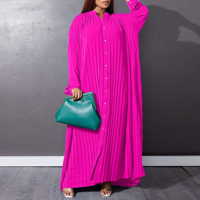 Autumn and Winter Fashion New Women's Loose Round Neck Single Breasted Pleated Temperament Obese Women's Long Sleeved Dress