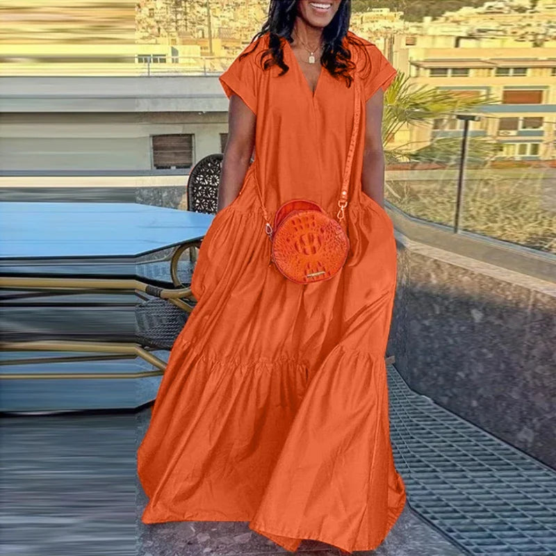 Plus Size Women Bohemian Dress Summer Sundress Solid Color Casual Short Sleeve Party