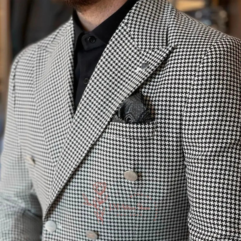 Men's classy jacket in white vintage houndstooth pattern peak lapel custom daily wear for birthday wedding prom Carnaval party