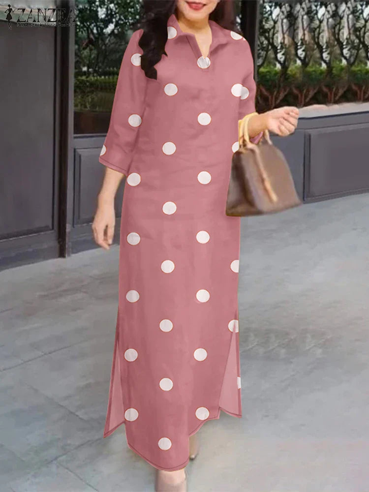 Eleagnt Polka Dot Women Dress Plus Size Summer Sundress 2025 ZANZEA Fashion Lapel Neck 3/4 Sleeve Baggy Work Vestidos Robe Femme