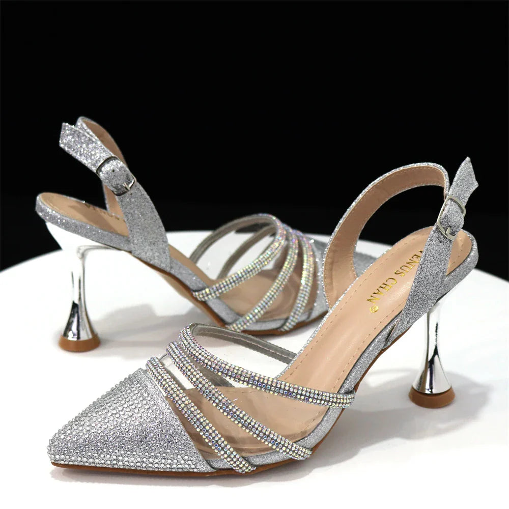Venus Chan Shoes for Women 2023 Pointed Toe Black Heels Rhinestone Chain Party Sandals Italian Shoes and Bags Matching Set 2023