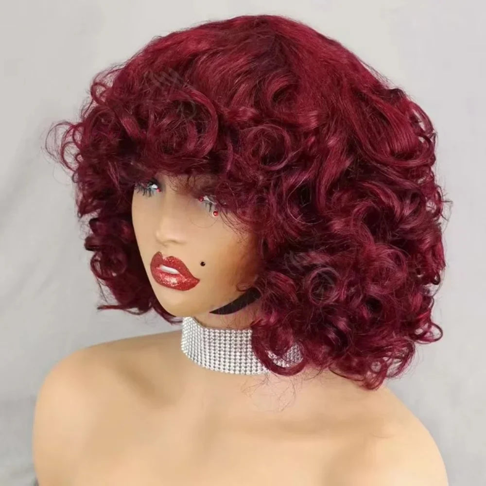 99J burgundy Fumi Curly Bob Wig Bouncy Pixie Cut Wig Highlight Full Machine Egg Curls Curly Human Hair Wigs for Women With Bangs