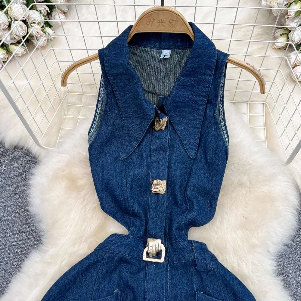Denim Dress Women Long Dresses Turn Down Collar Sleeveless Party Club Hollow Out Jeans High Waist Slim Single Breasted Vestidos