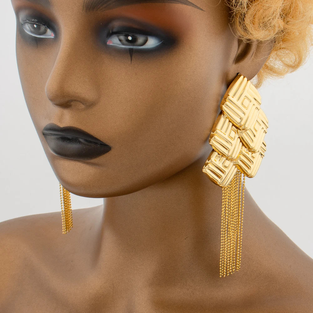 Bohemia Bridal Wedding Tassels Earrings Flower Long African Dubai Gold Color Drop Earrings For Women Girls Birthday Party Gift