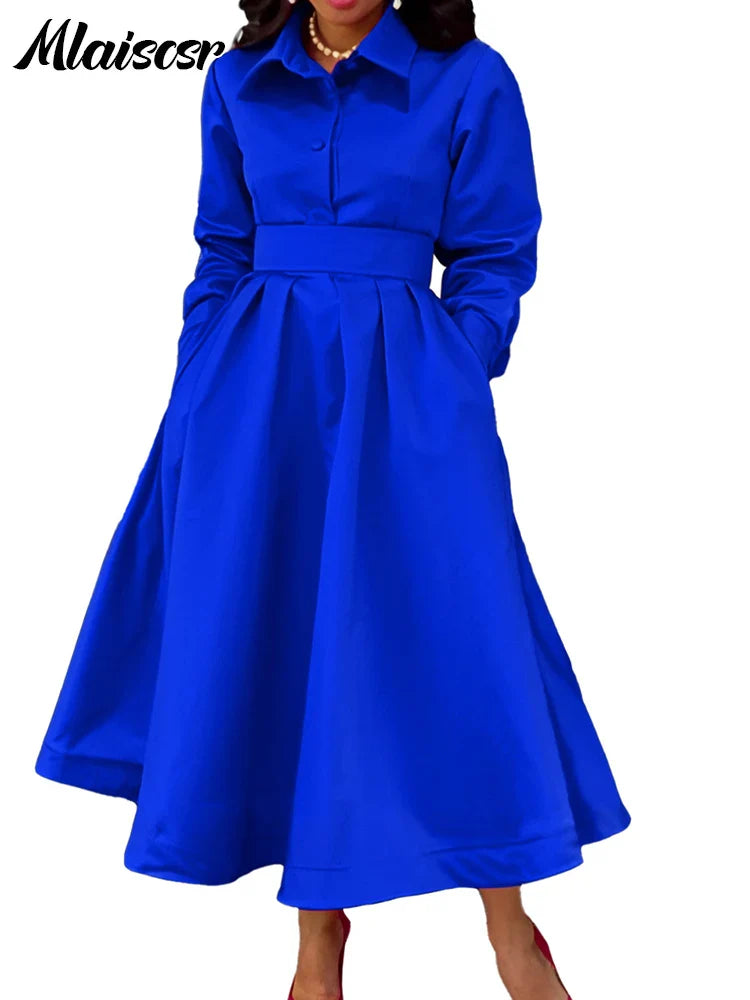 Mlaiscsr Lapel Button A Lint Khaki Mid Dress Women Elegant Office Long Sleeve Bandage Pocket Pleated Birthday Commuter Vestidos