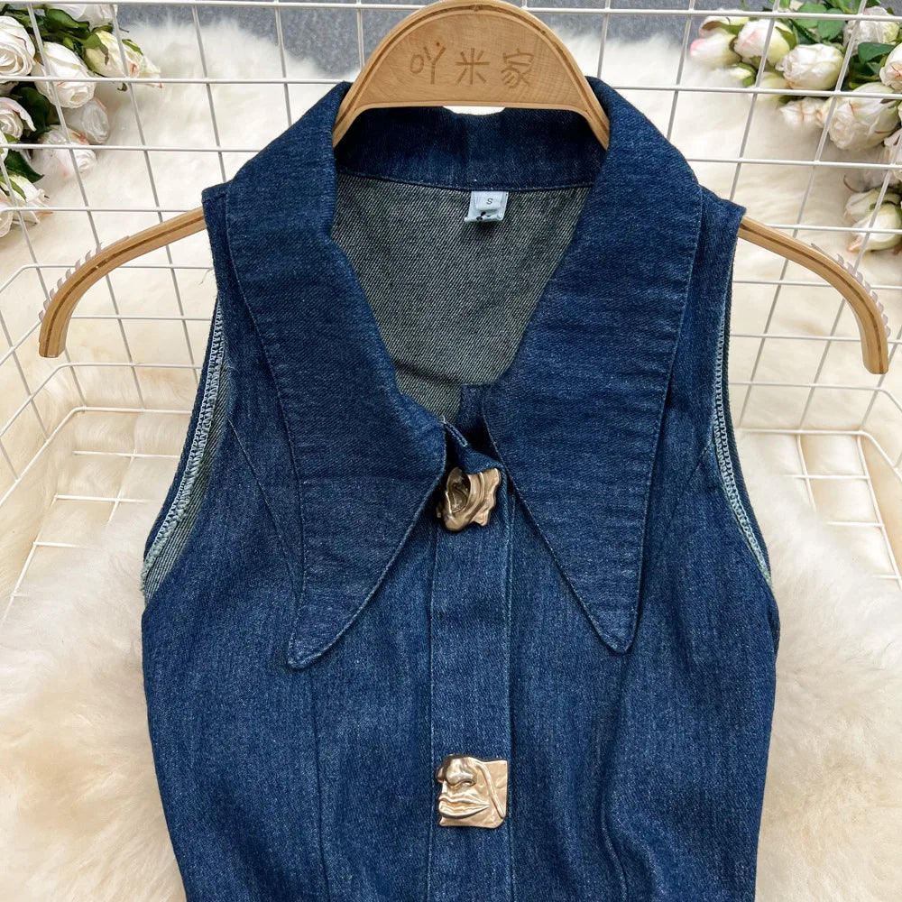 Denim Dress Women Long Dresses Turn Down Collar Sleeveless Party Club Hollow Out Jeans High Waist Slim Single Breasted Vestidos