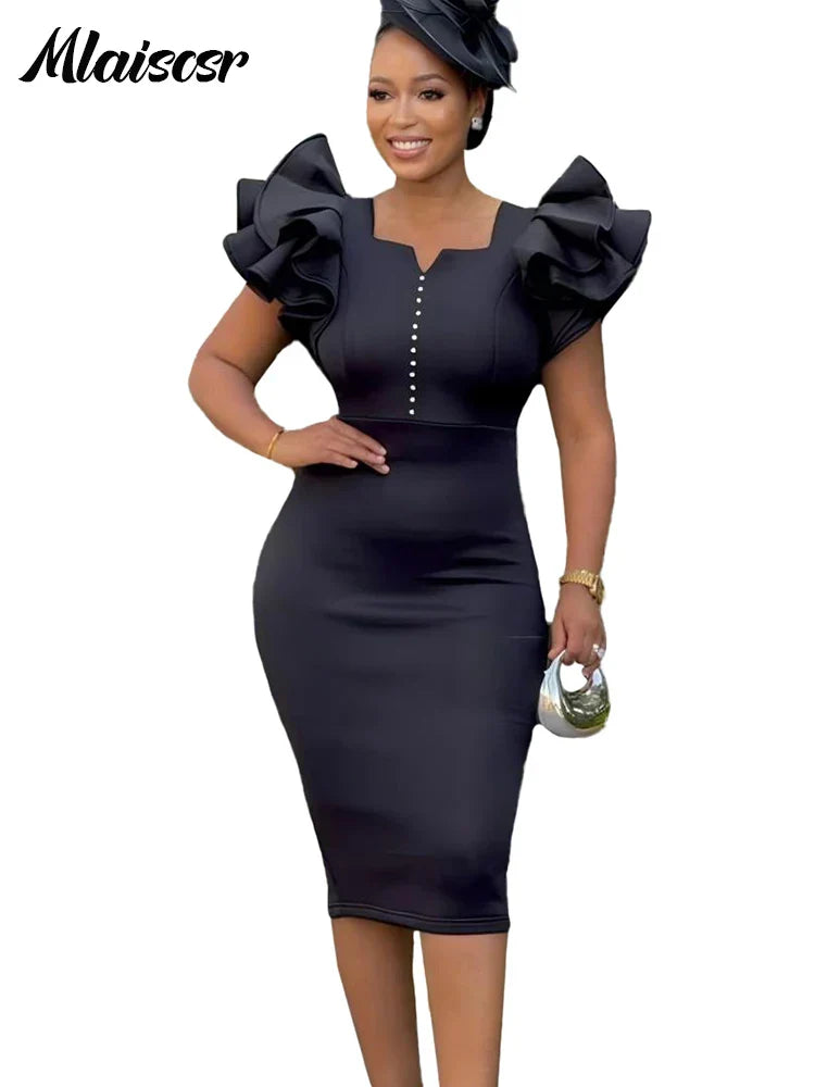 Mlaiscsr Women Square Neck Ruffled Short Sleeve Beading Bag Buttocks Mid Dress Elegant African Birthday Evening Office Lady Robe