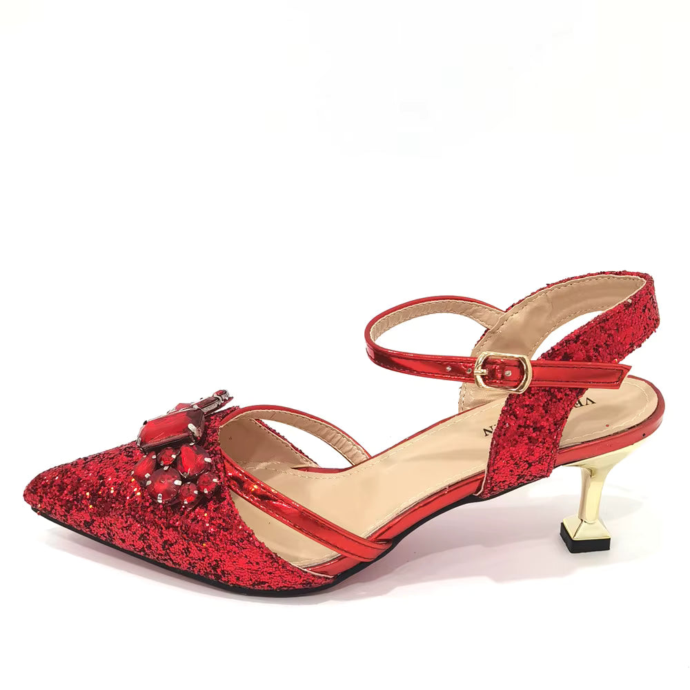 Women's Italian Fashion Peep Toe Pump Shoes with Matching Bag Set for Wedding And Party Med Heel Bling Embellished Mary Janes