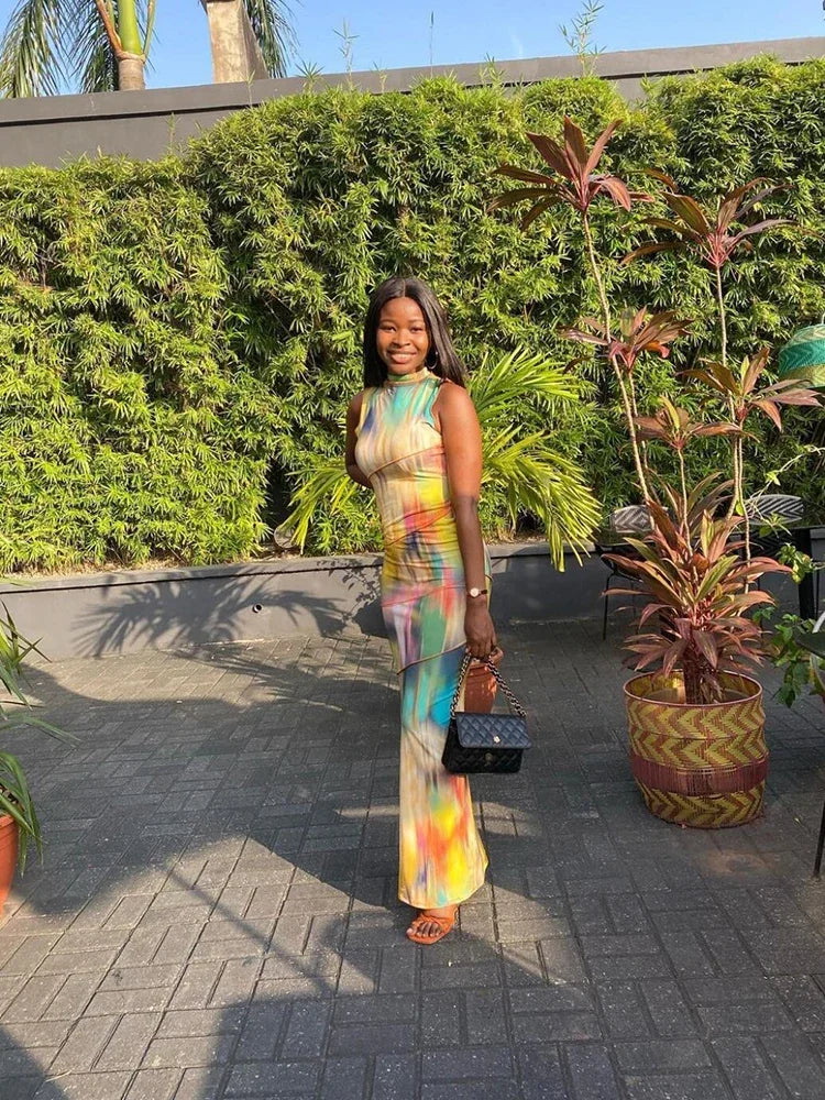 BWQ Colorful Tie-dye O-neck Maxi Dress Women Hipster Topstitch Patchwork Sleeveless Slim Robe Female Streetwear Vestido