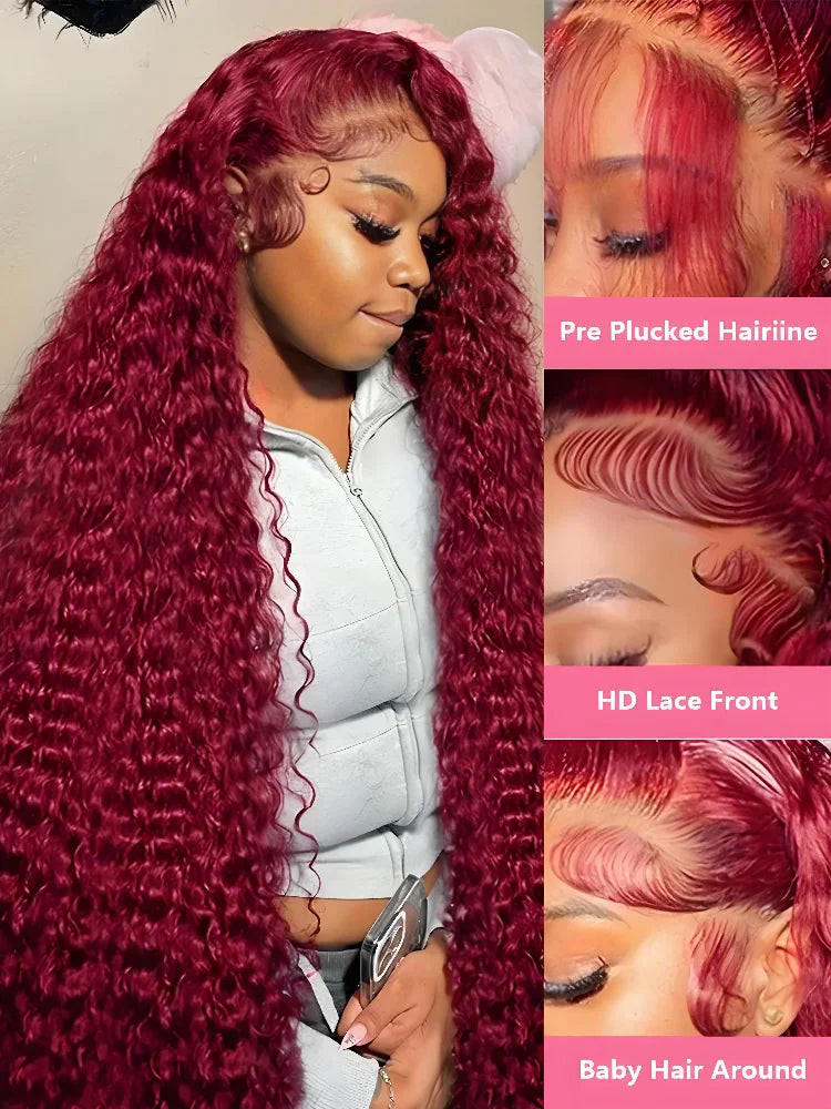 30 36 Inch 250% 13x4 HD Lace Frontal Wig Kinky Curly 99J Burgund Red Wine Brazilian Water Wave Hd Lace Human Hair Wigs Glueless