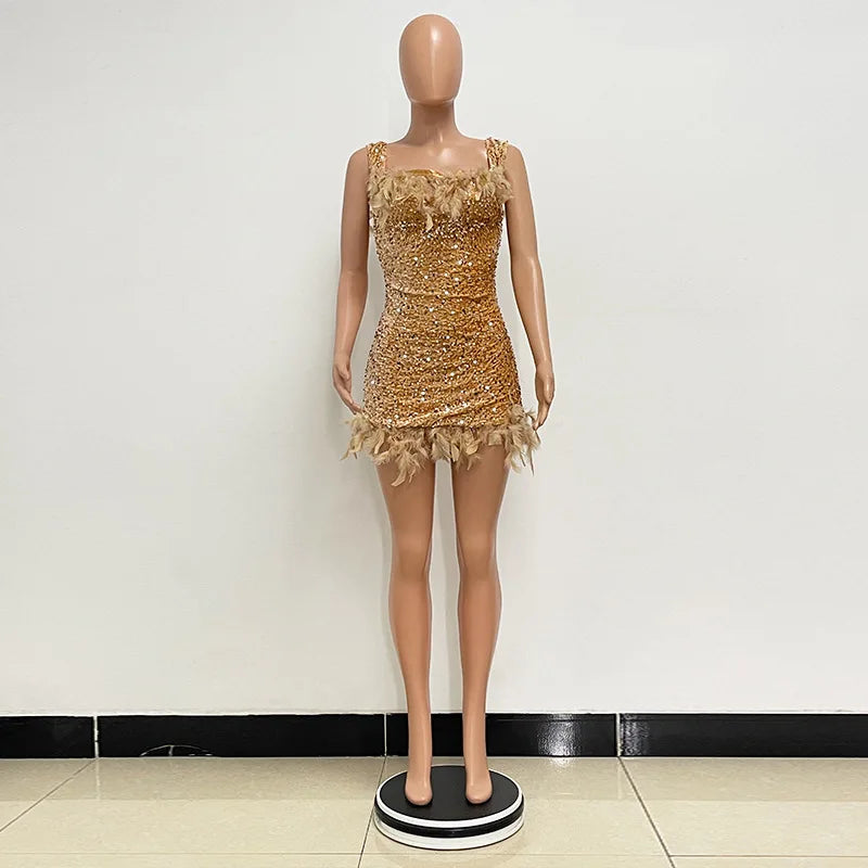 Spring And Summer Women's Clothing MINI Short Solid Color New Wind Sequins Halter Beach Dress One-word Shoulder Feathers Spice G