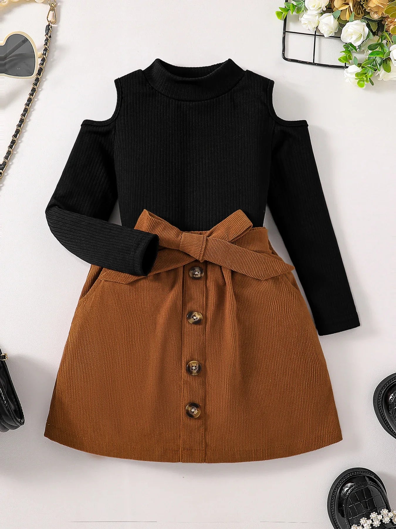 Children's Clothing Girls' Autumn New Fashion Set - Solid Color T-shirt Off Shoulder Half High Collar Top+Solid Color Half Skirt