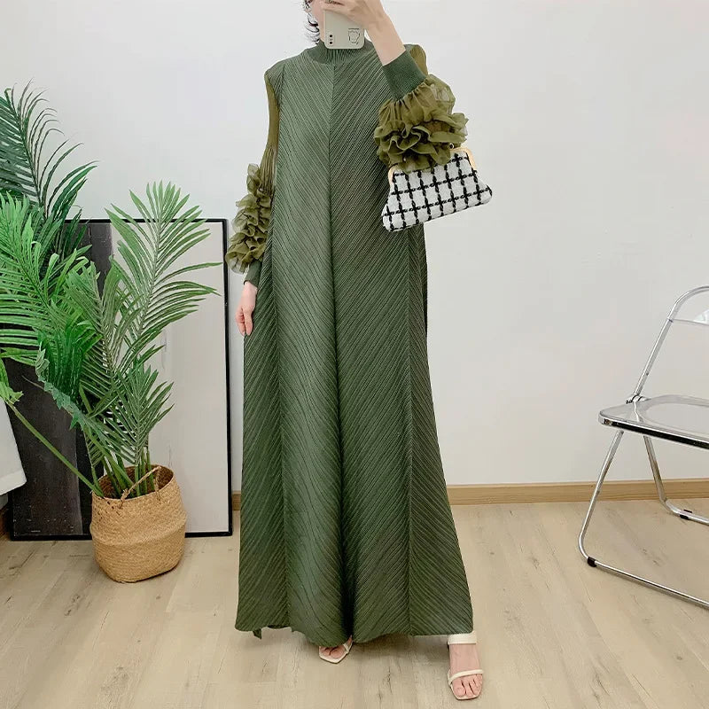 Pleated Maxi Long Dress Mesh Petal Sleeve Half Turtleneck Formal Dresses for Women 2024 New Hot Sales