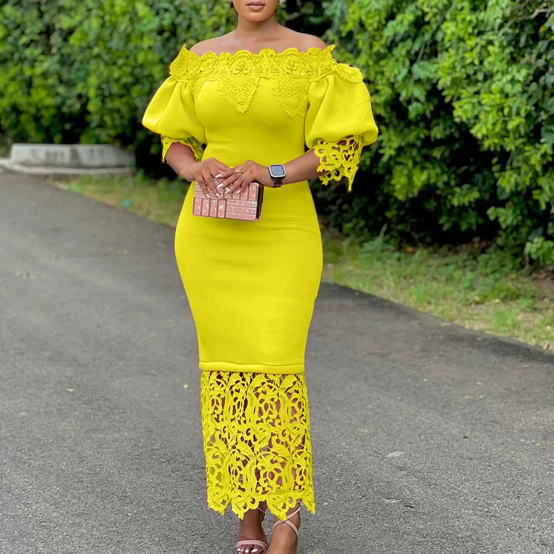 Trend Fashion Lace Midi Dress Women Slash Collar Short Sleeve Stitching Off-Neck Dress High Waist Solid Color Bodycon Sexy Dress