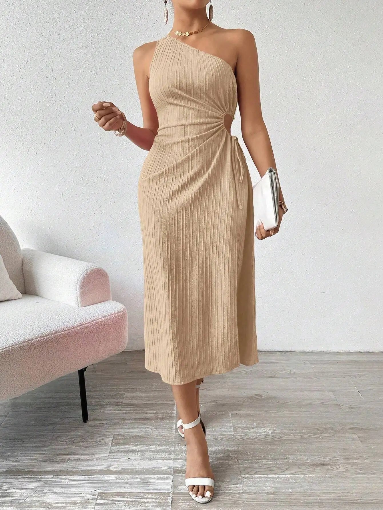 Spring and Summer Elegant Sexy Sleeveless Single Shoulder Diagonal Neck Solid Color Slit Dress Women Summer Dress 2025