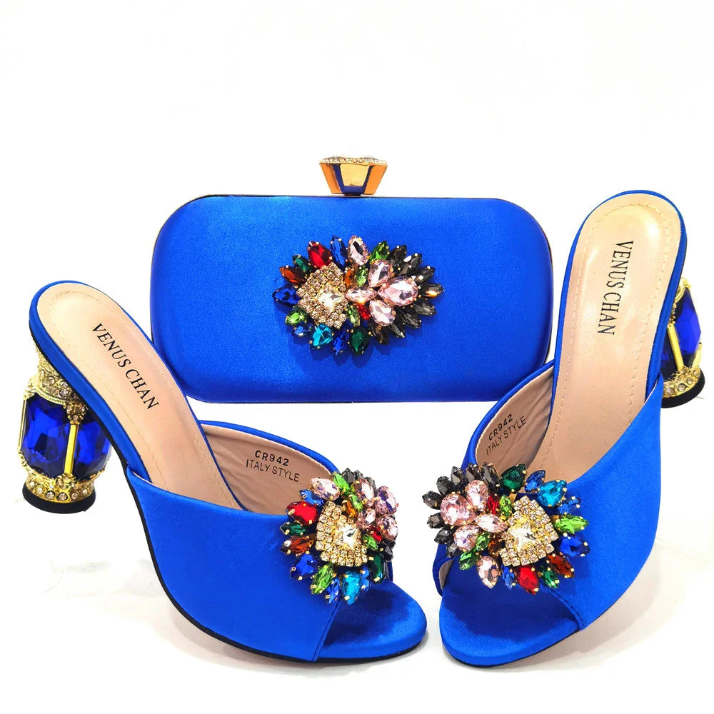 2022 Yellow Color Luxury Rhinestone Heel Fashion Party Women's High Heels Elegant Evening Sandals Wedding Bags and Shoes with