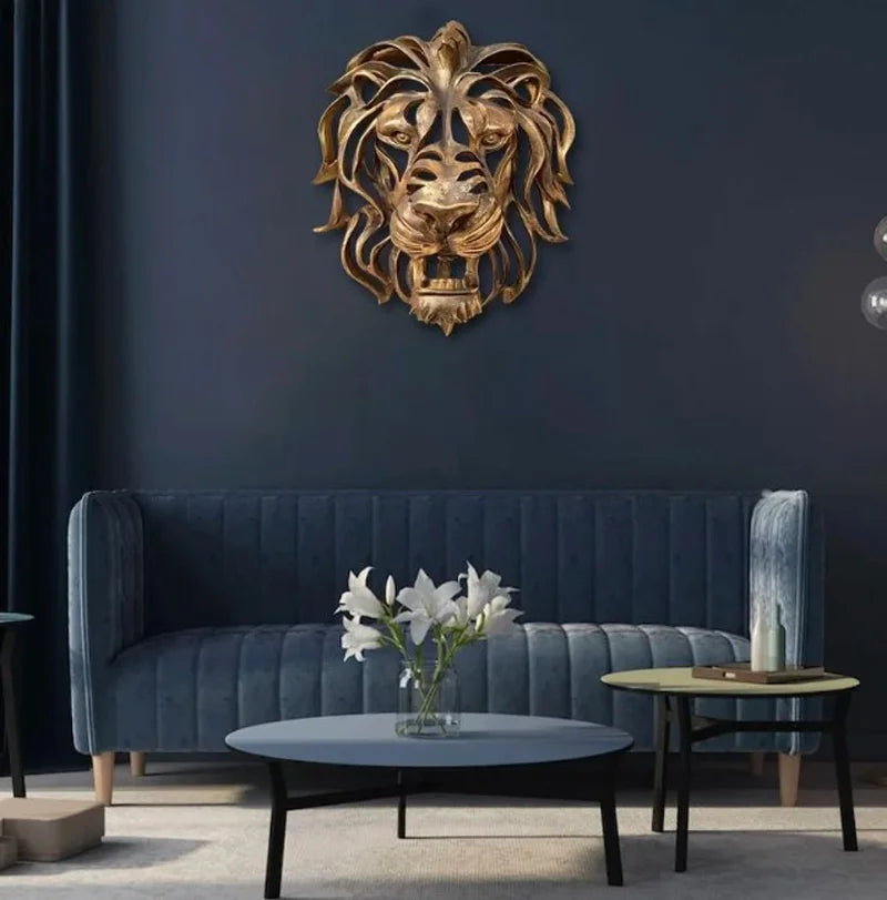 Significant Lion Head Wall Mounted Art Sculpture Gold Resin
