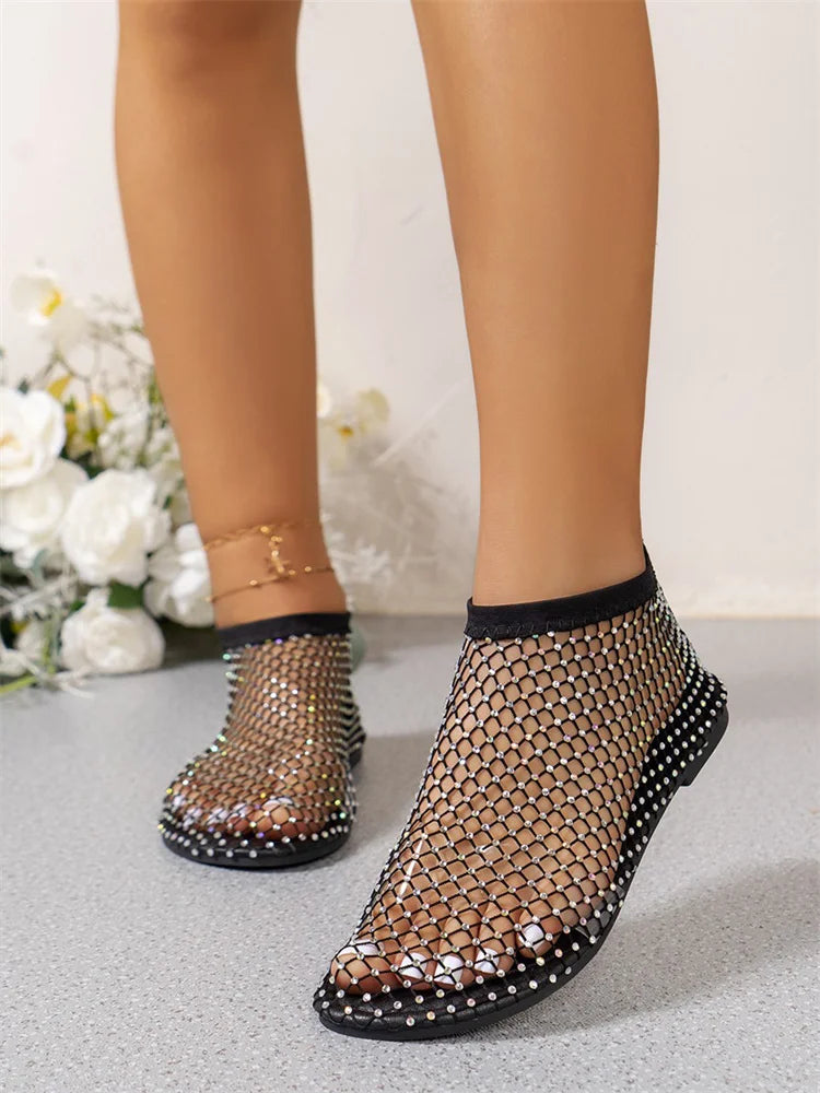 Msfilia Round Toe Sandals With Hollowed Out Internet Famous Diamond Studded Short Boots Summer Sexy Plus Size Flat Shoes