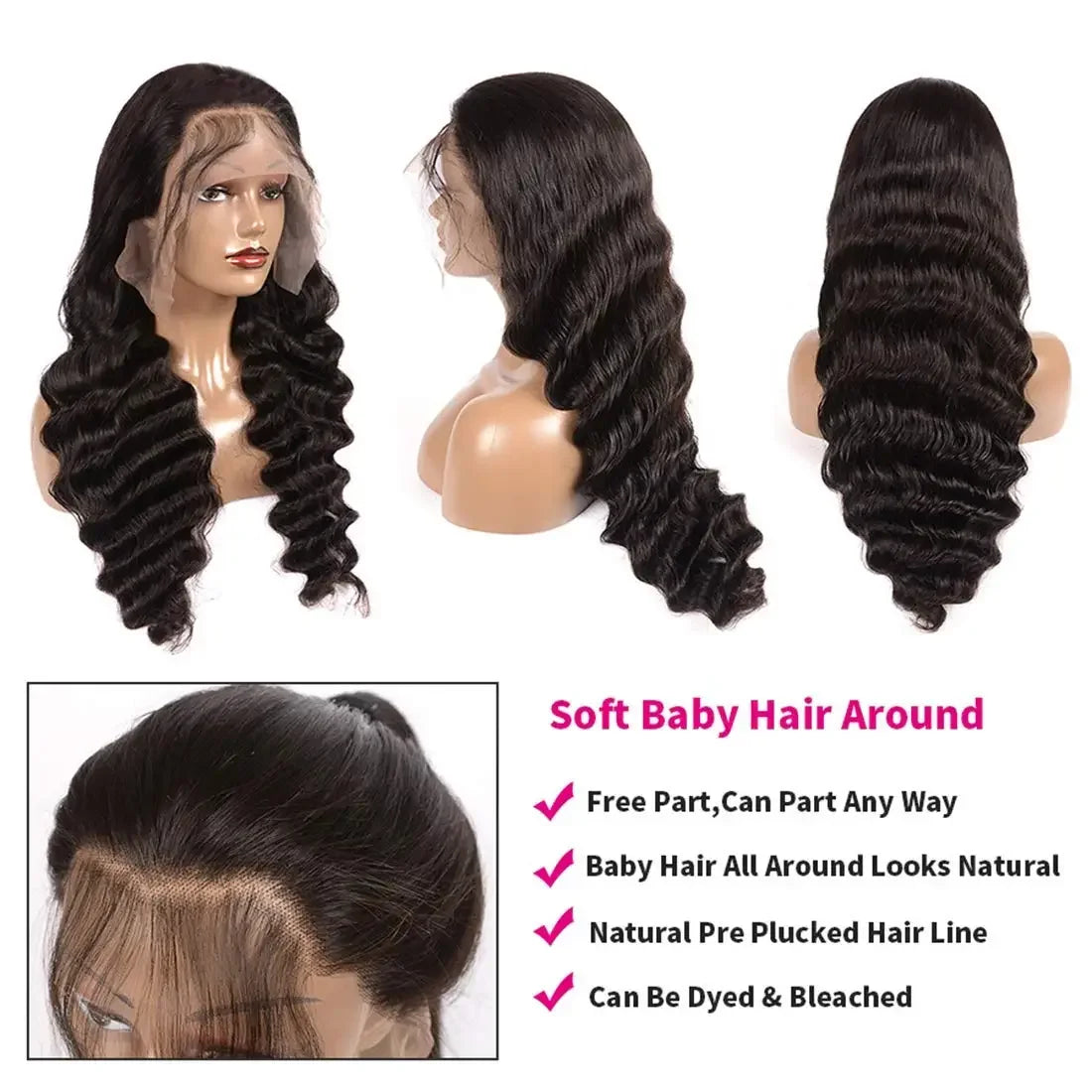 180 200 Density 13x4 13x6 HD Lace Front Wig for Women Human Hair Loose Deep Remy Wave Natural Black Frontal Pre Plucked