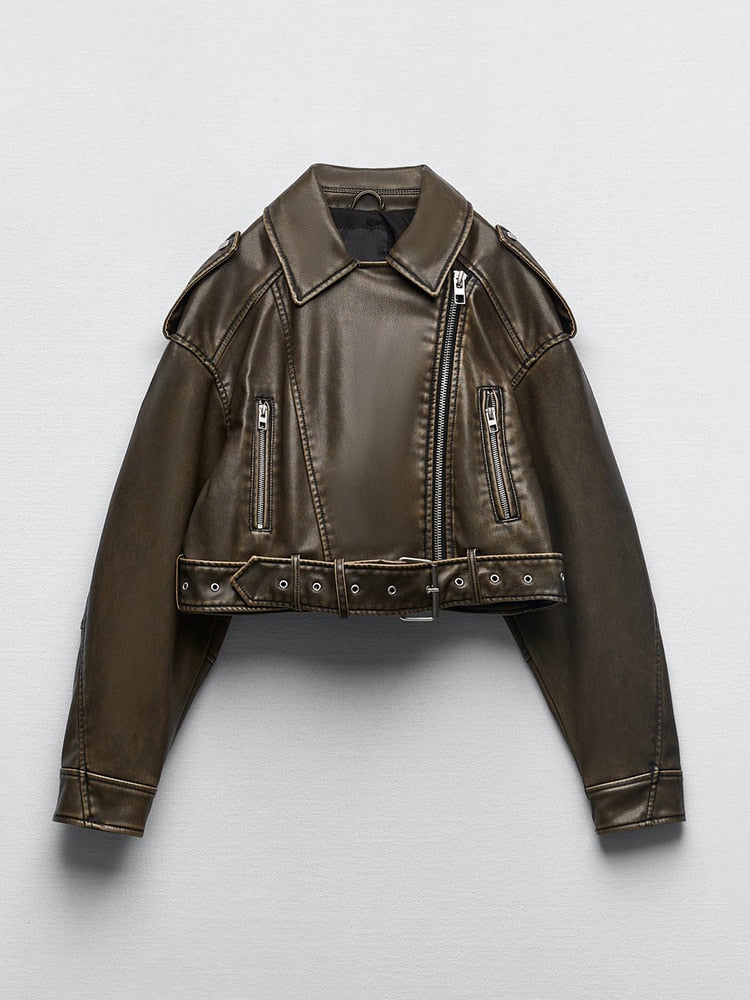 Women Vintage Loose Pu Faux Leather Short Jacket with Belt Streetwear