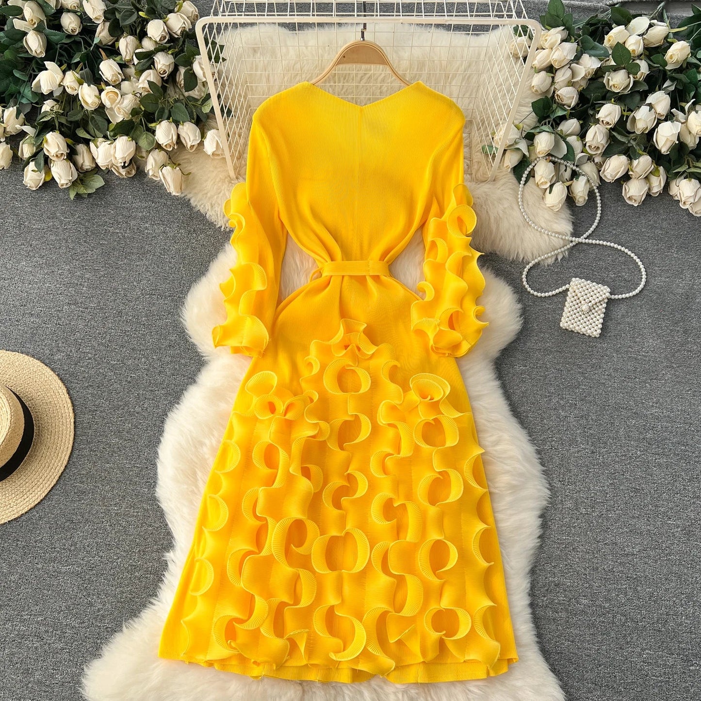 European Court Style Dress Miyake for Women A Design Sense Tassel V-neck Slim Fit Long High-temperature Pleated Flared Sleeve
