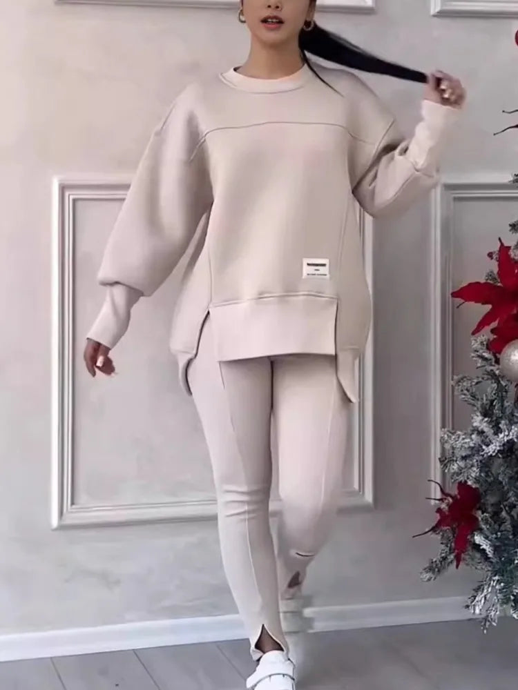 Women's Casual Sweatshirt Sports Set Autumn Winter Fashion Solid Loose Irregular Sweatshirt Top And Slim Trouser Two Piece Sets