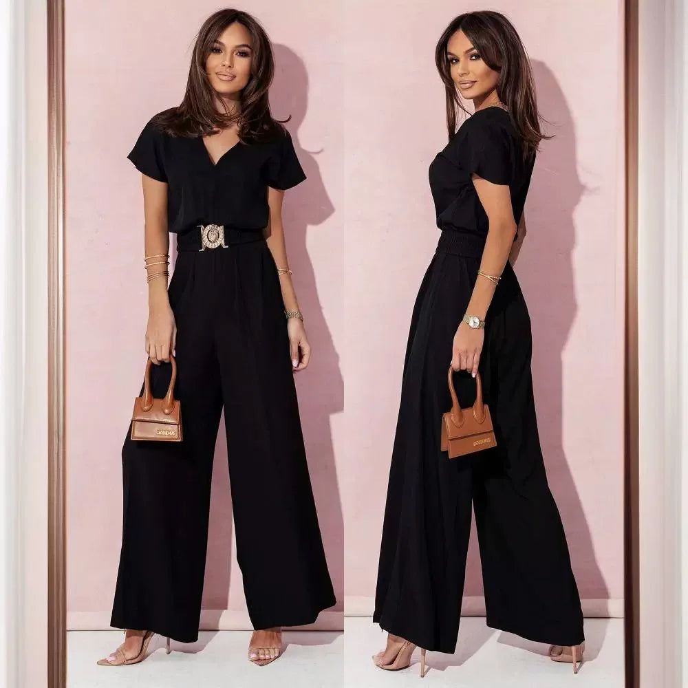 Fashion V-neck Short Sleeve High Waist Jumpsuit Women 2024 Summer Solid Wide Leg Elegant Romper Vintage Jumpsuits Overalls Women