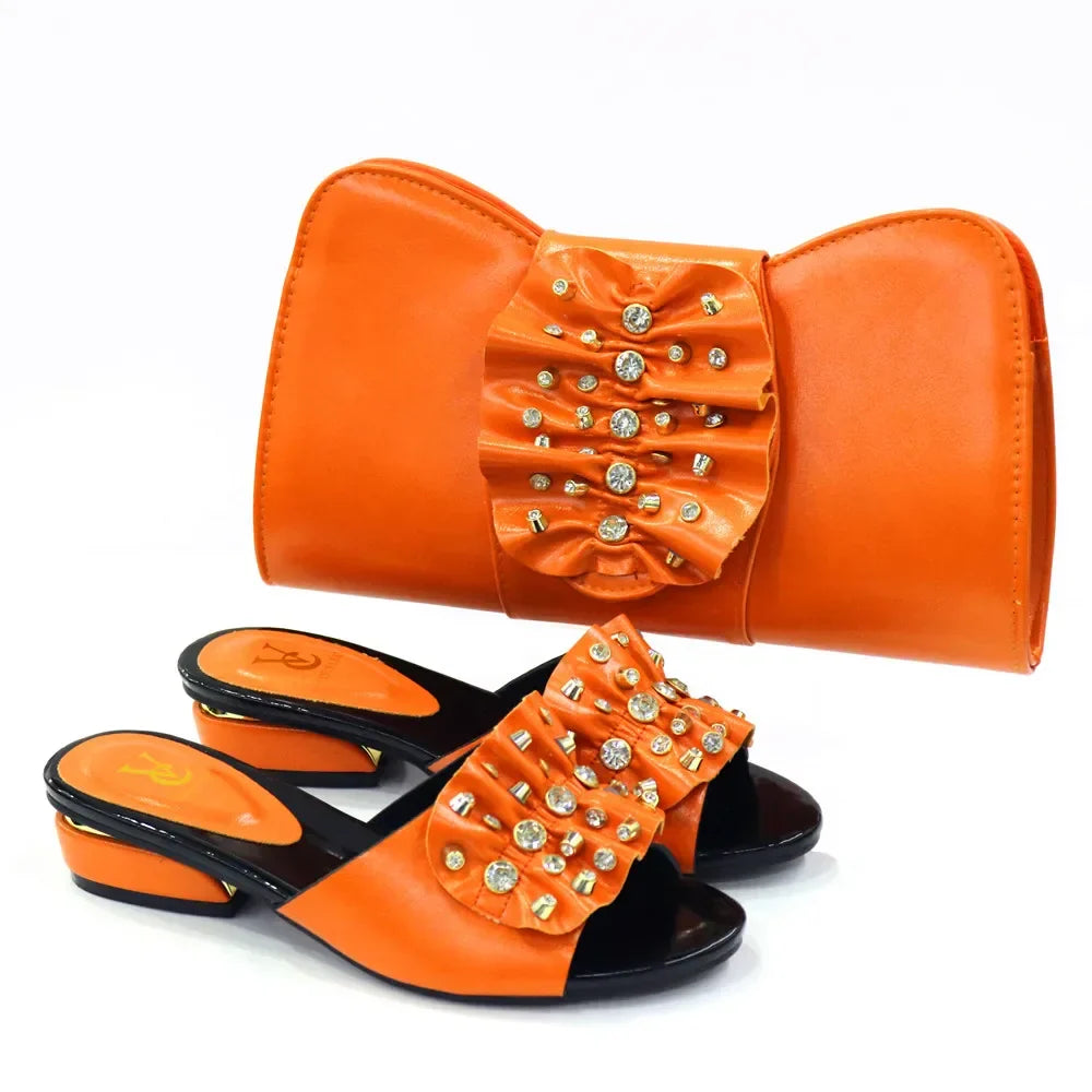 2024 Latest Italian Design Fashion African Women's Low Heel Comfortable Shoes and Bags Set Leather Casual Ladies Slippers