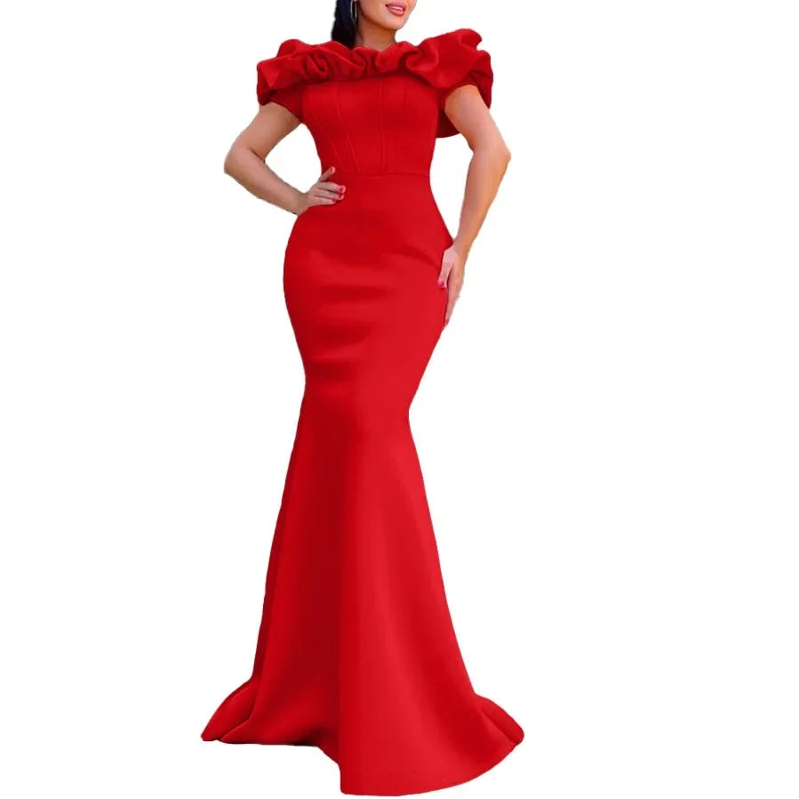 Elegant Long Dresses for Women Off Shoulder Short Sleeve Mermaid Floor Length