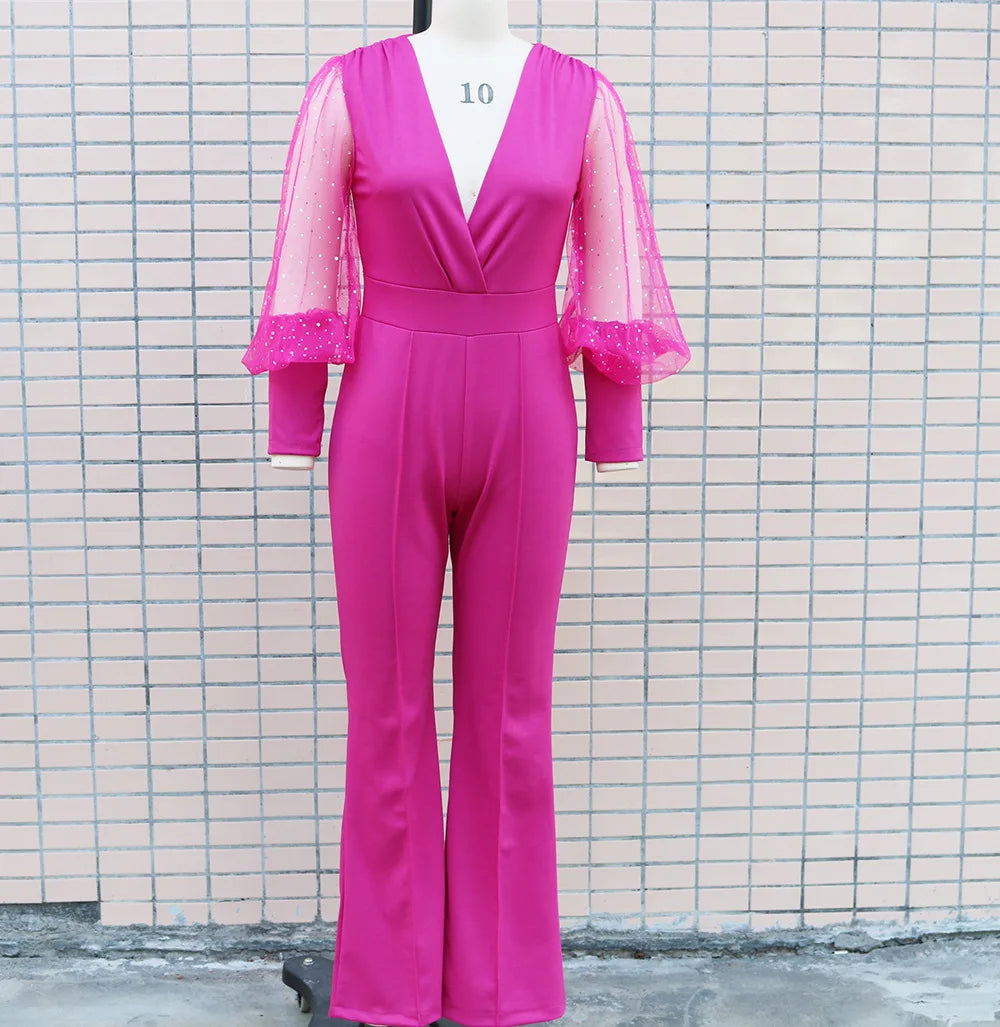 Ladies Elegant Office Jumpsuit Romper For Women 2023 High Waist Wedding Overalls Sequins Bodycon Long Sleeve Party Jumpsuit Club