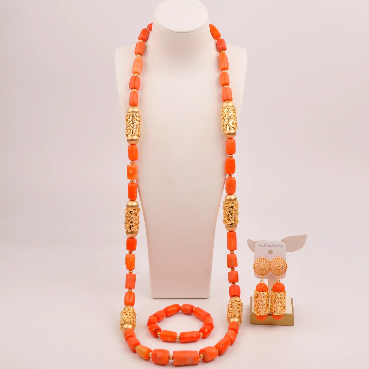 Natural coral beads orange necklace set for stylish Nigerian wedding couple African jewelry